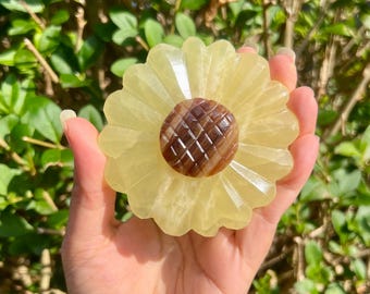 Large Lemon Calcite Sunflower Crystal, Crystal Natural Flowers, Sunflowers, Crystal Petal, Lemon Calcite with Chocolate Calcite