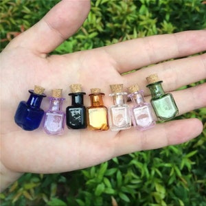 Potion bottle 7 mini small coloured glass with cork: 2ml, glass bottles, magic potion, cork stopper.