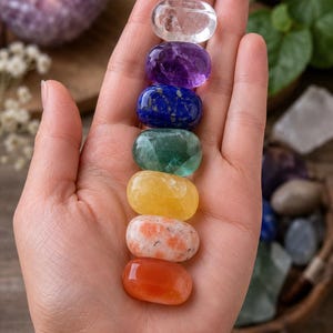 Op de afbeelding: Een hand die zeven gepolijste edelstenen vasthoudt, verticaal gerangschikt. De stenen zijn helder, paars, blauw, groen, geel, oranje en rood. De edelstenen zijn ovaal en glad. Een kaars en planten zijn zichtbaar op de achtergrond.