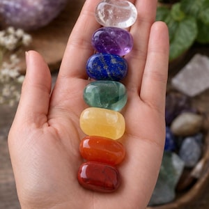 Chakra-tumlingset, 7 chakrakristaller, chakra-tumlare, kristallset, reiki-ädelstenar, chakrahelande stenar, tumlare, ficksten