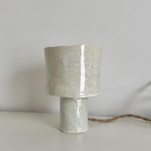 White Table Lamp Handmade Ceramic with Textured Glaze Sculptural Stoneware Light in Neutral Tones White and grey mix clay lamp hand crafted