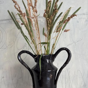 Black Ceramic Vase Handmade vasr with Dual Handles Rustic Pottery Home Decor Unique clay vase Contemporary ceramic amphora vase modern vase