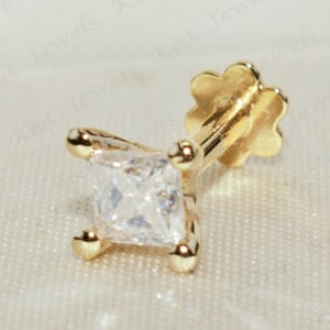 Natural Diamond Nose Pin, Moissanite Nose Pin- 3mm Princess Cut Forever Brilliant Moissanite Screw Back Nose Pin, 14K Solid Yellow Gold