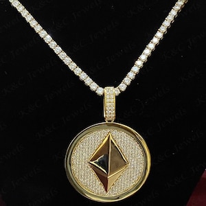 Moissanite Ethereum Pendant Necklace: 14K Yellow Gold Plated, 18 Inch