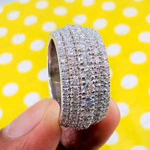 Moissanite Five Row Men&#39;s Wedding Band: 14K White Gold Anniversary Ring