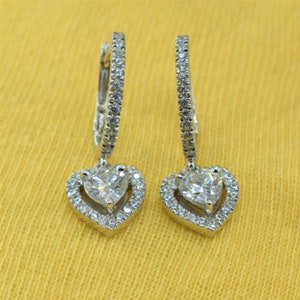 2TCW Heart Moissanite Halo Clip On Earrings, 14K White Gold Plated