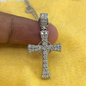 Moissanite Cross Pendant: 14K White Gold Plated Sterling Silver, 18&quot; Chain