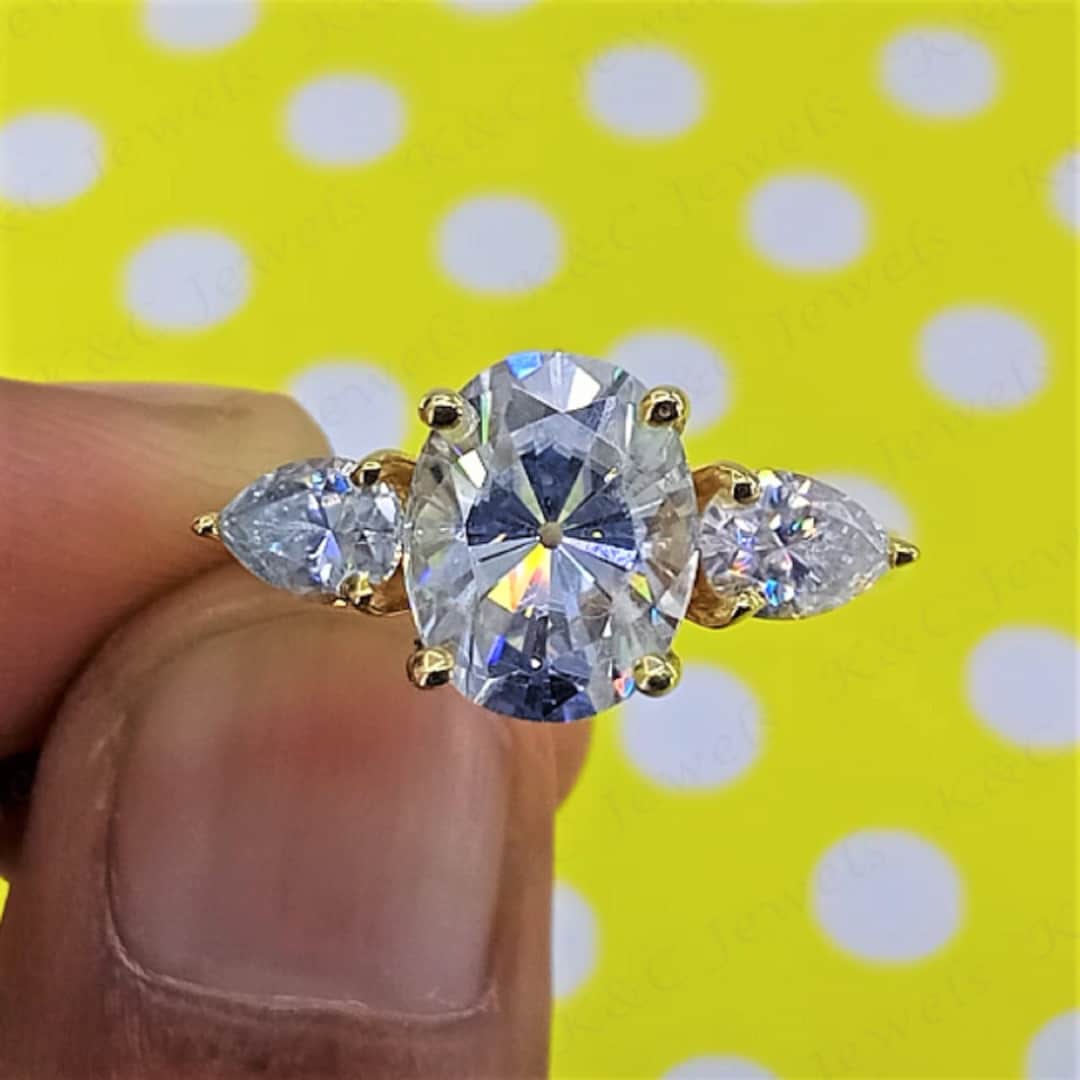 Three Stone Ring, 14K Yellow Gold Plated Ring, Moissanite Oval With