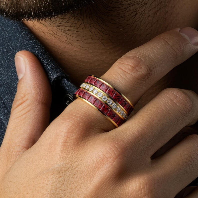 Mens Wedding Band Moissanite Garnet Ring, 14K Yellow Gold Plated Full ...