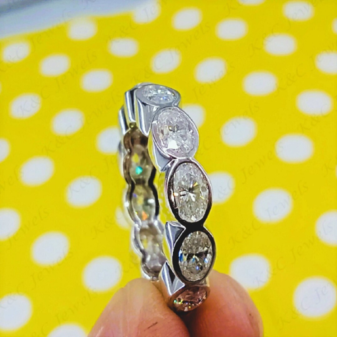 Bezel Set Oval Cut Moissanite Wedding Band, Full Eternity Stacking Band ...