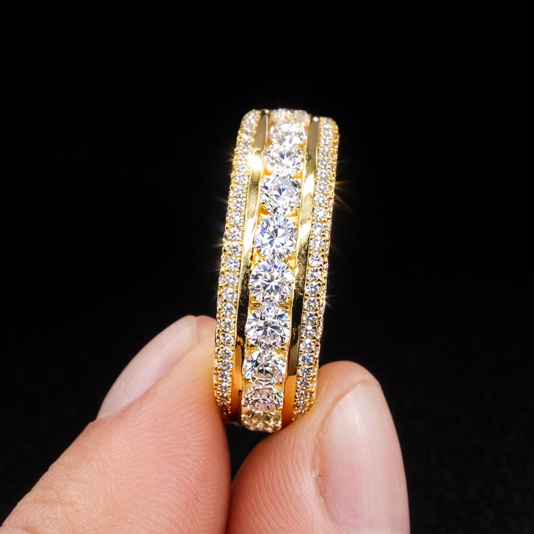 Mens Moissanite Wedding Band, 14K Yellow Gold Full Eternity Ring ...