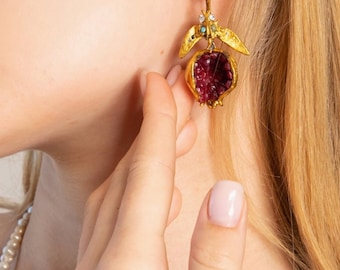 authentic pomegranates, pomegranate earrings, handmade earrings, exclusive earrings, anniversary gift, gift for her, Valentine's Day