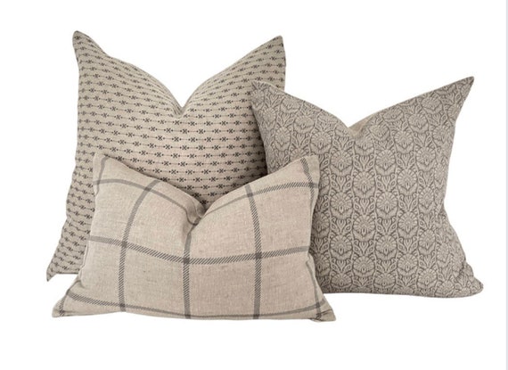 Cushion Bundle: 3x Natural Linen Cushion Covers, Checked and Floral / Throw  Pillows. Handmade in Yorkshire, UK -  Australia