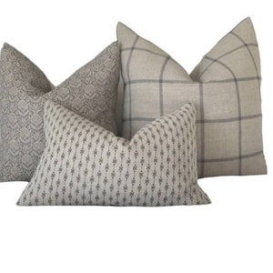 Cushion Bundle:  3x Natural Linen Cushion Covers, Checked and Floral / Throw Pillows. Handmade in Yorkshire, UK