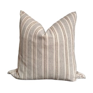 SADIE - Natural woven cream cushion cover / throw pillow with embroidered stripe detail.  Handmade in Yorkshire, UK