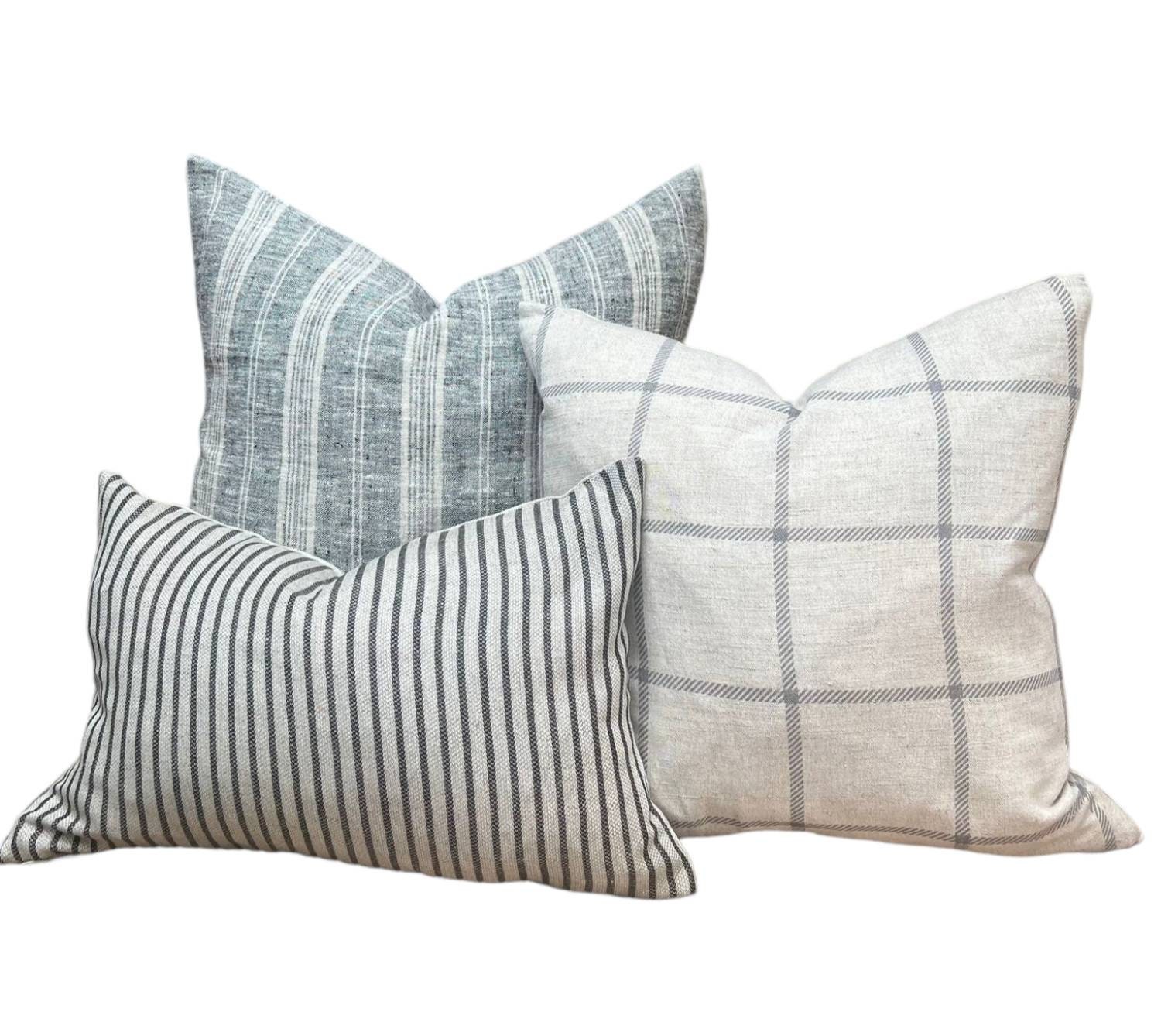 Cushion Bundle 3x Natural Linen Cushion Covers, Black, Stripe, Checked