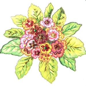 May include: A colourful floral bouquet with pink, red, and yellow flowers with green leaves. The flowers are made of fabric and decorated with beads.