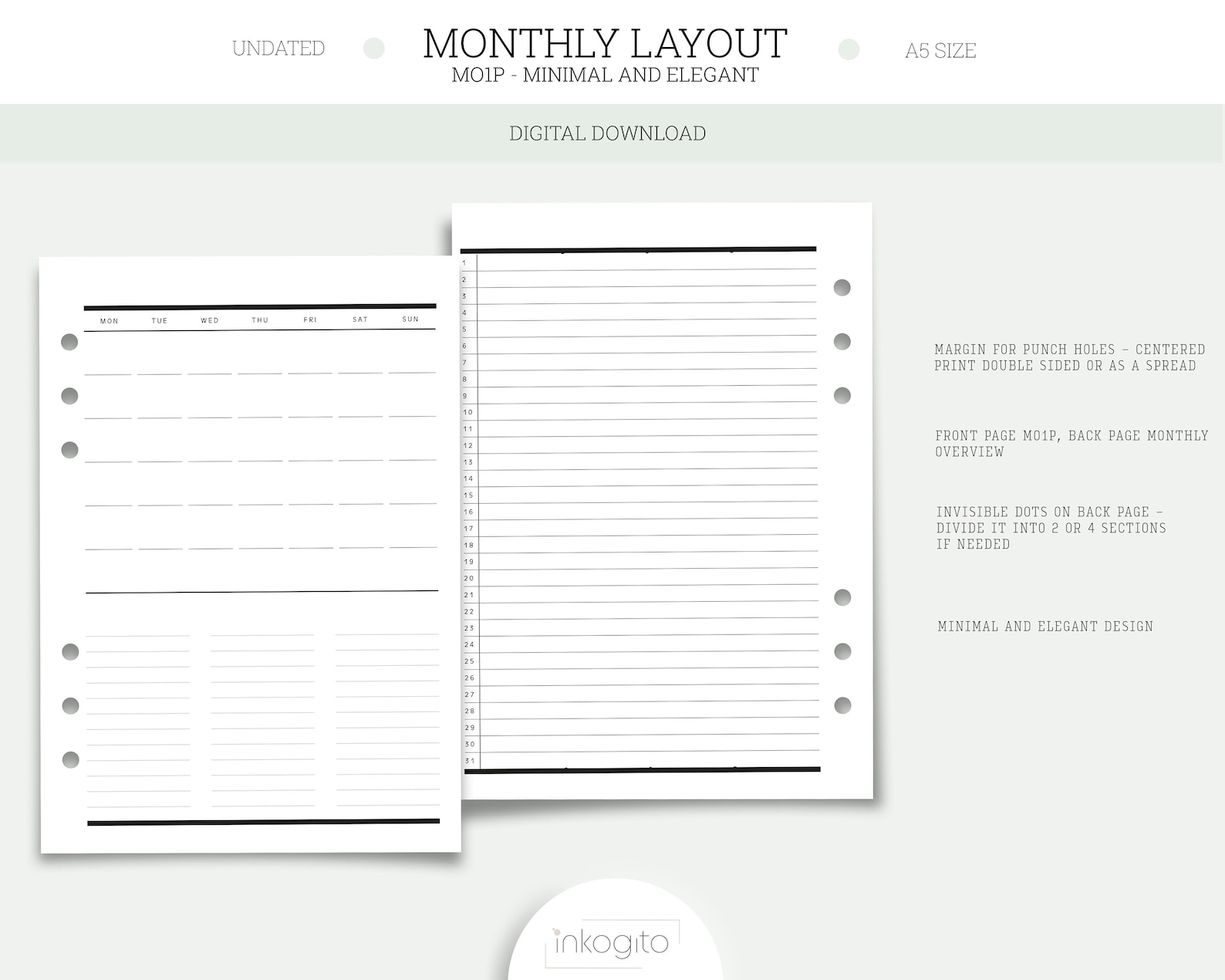 A5 Planner Printable Insert Undated Minimal Monthly Layout - Etsy