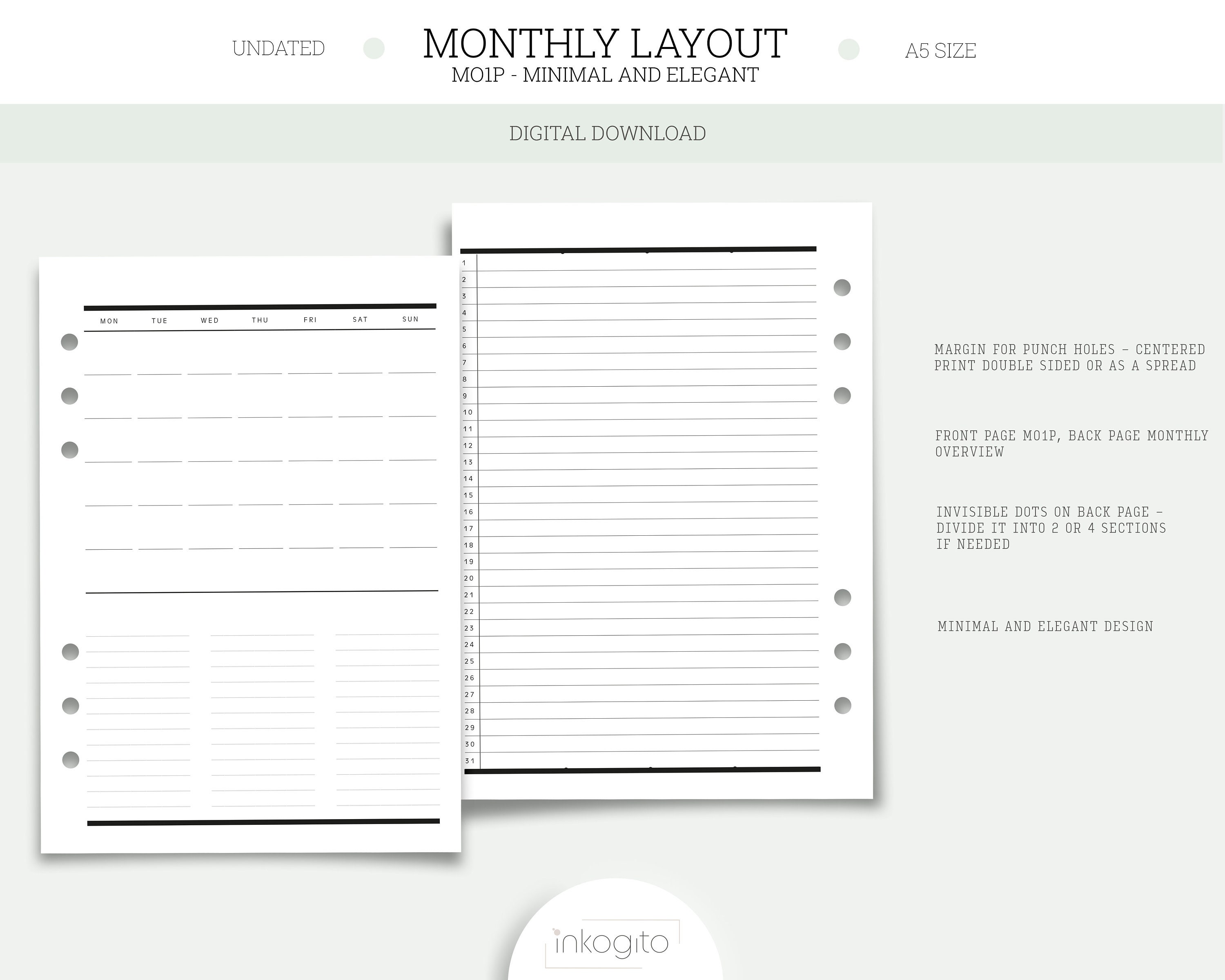 A5 Planner Printable Insert Undated Minimal Monthly Layout - Etsy