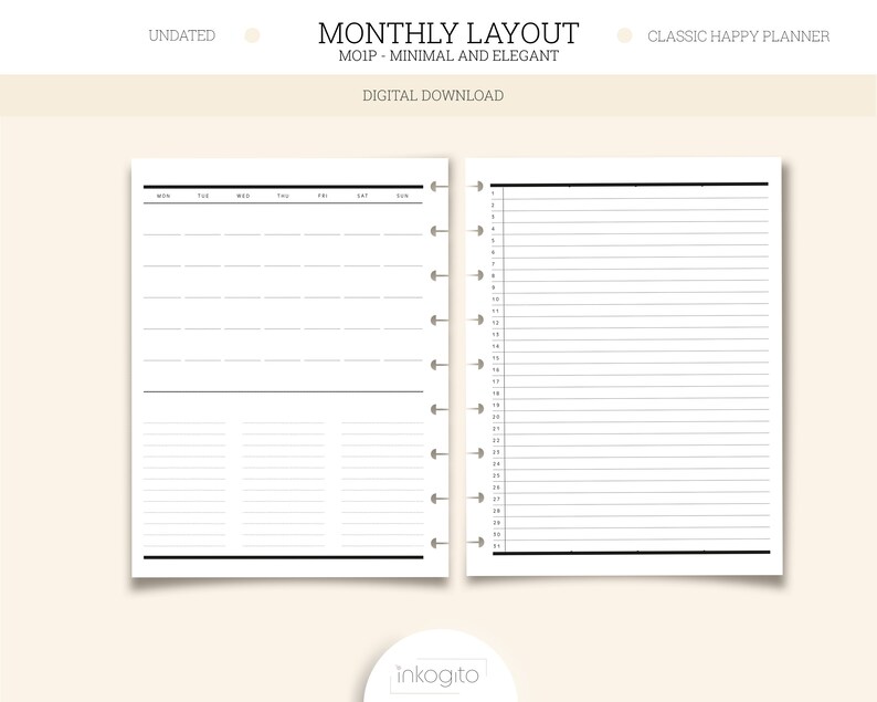 Classic Happy Planner Printable Insert Undated Minimal Monthly Layout ...