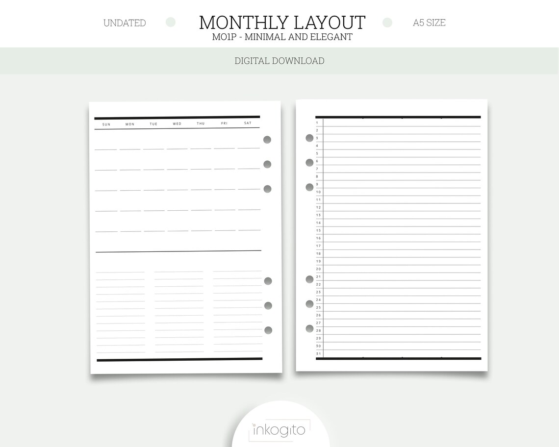 A5 Planner Printable Insert Undated Minimal Monthly Layout - Etsy