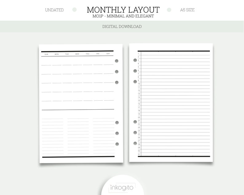 A5 Planner Printable Insert Undated Minimal Monthly Layout - Etsy