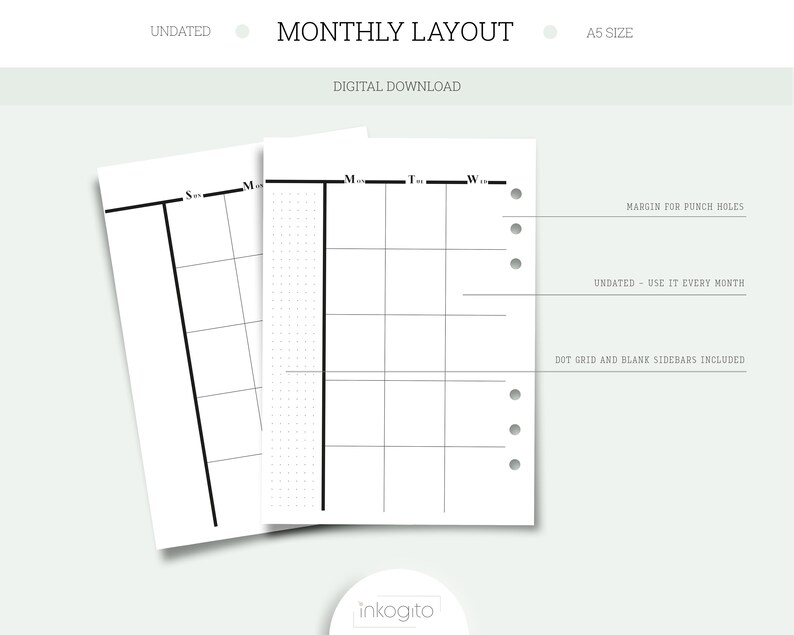 A5 Planner Printable Insert Undated Minimal Monthly Layout With Dot ...
