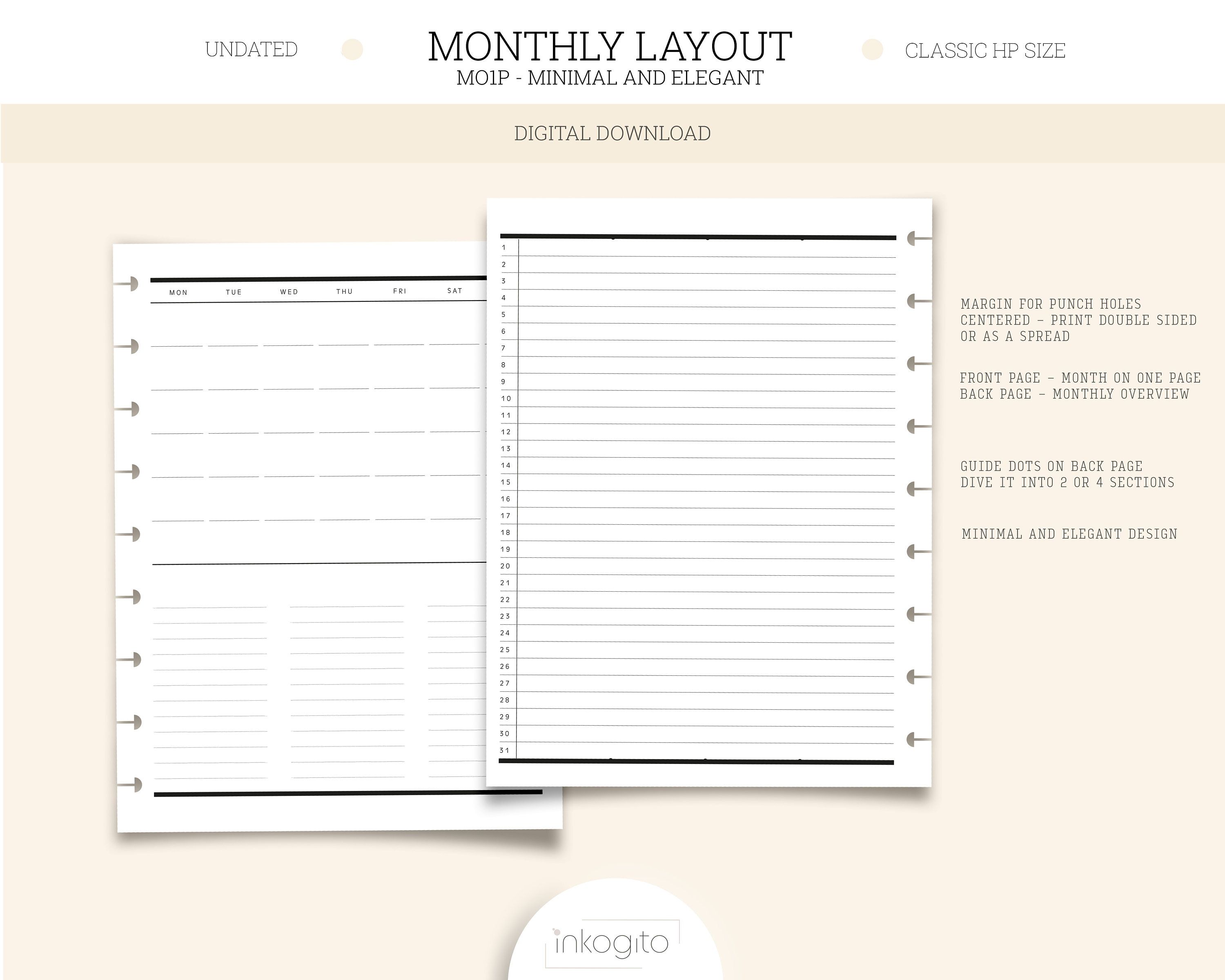 Classic Happy Planner Printable Insert Undated Minimal Monthly Layout ...