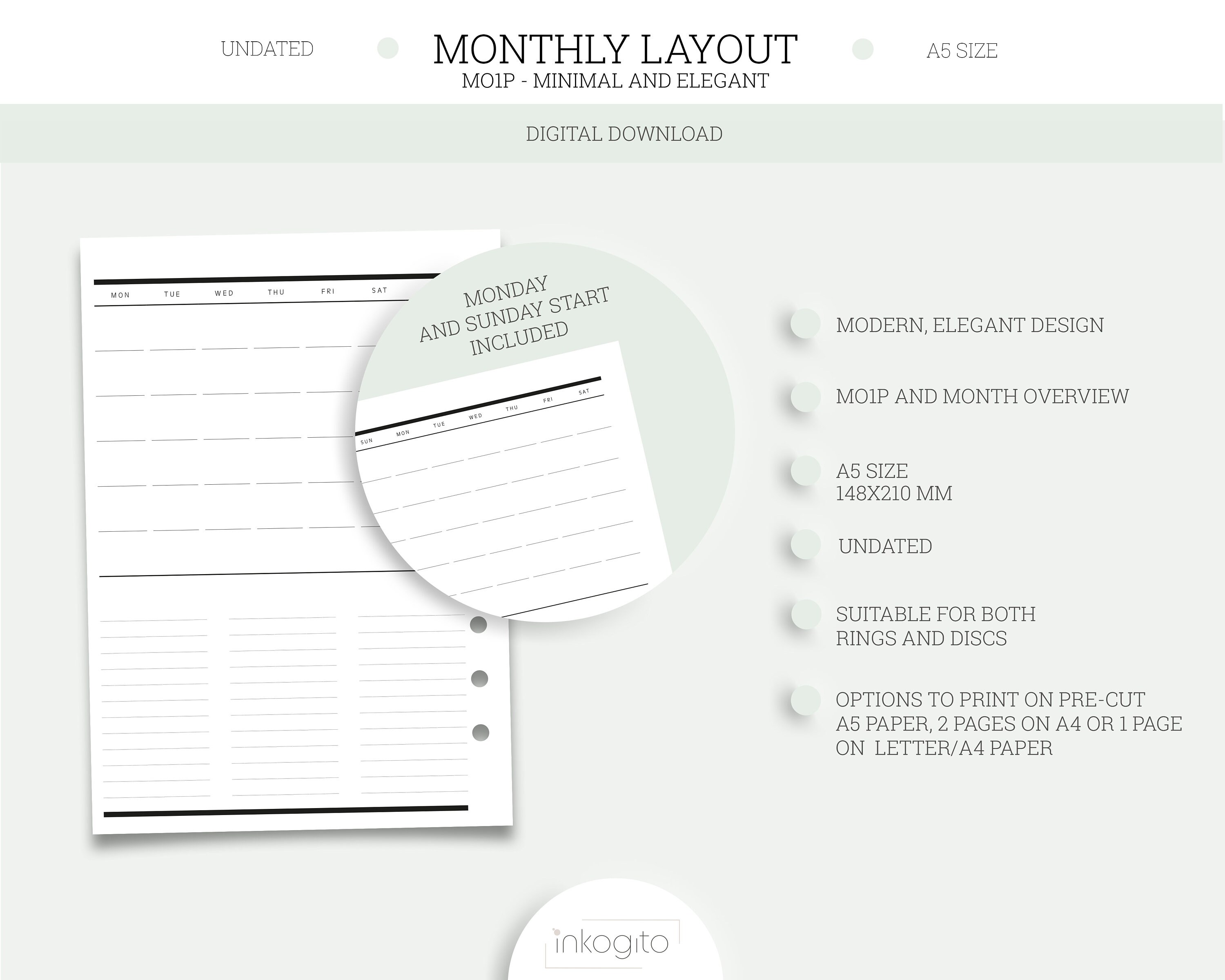 A5 Planner Printable Insert Undated Minimal Monthly Layout - Etsy