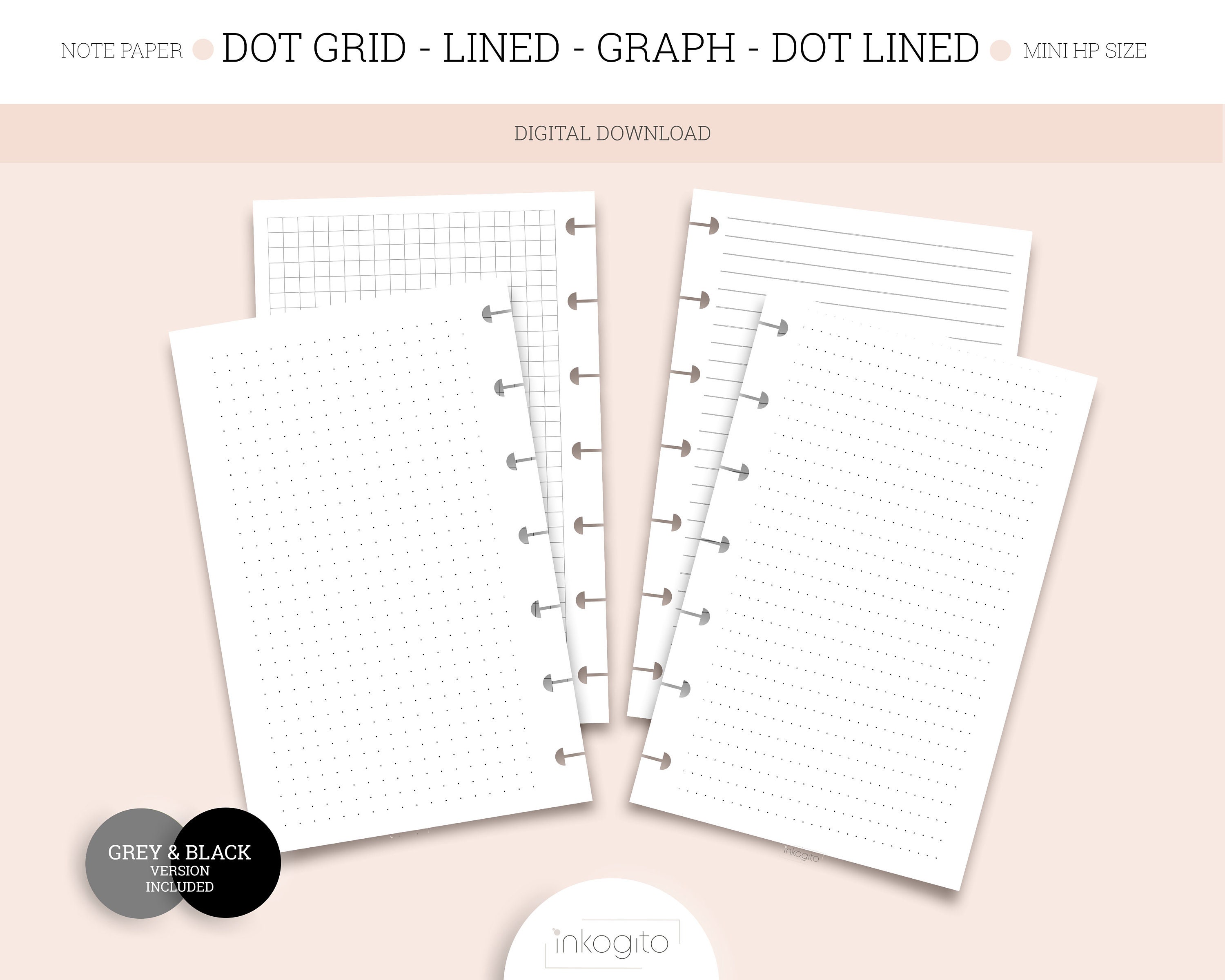 mini hp note paper printable dot grid dotted lines lined etsy