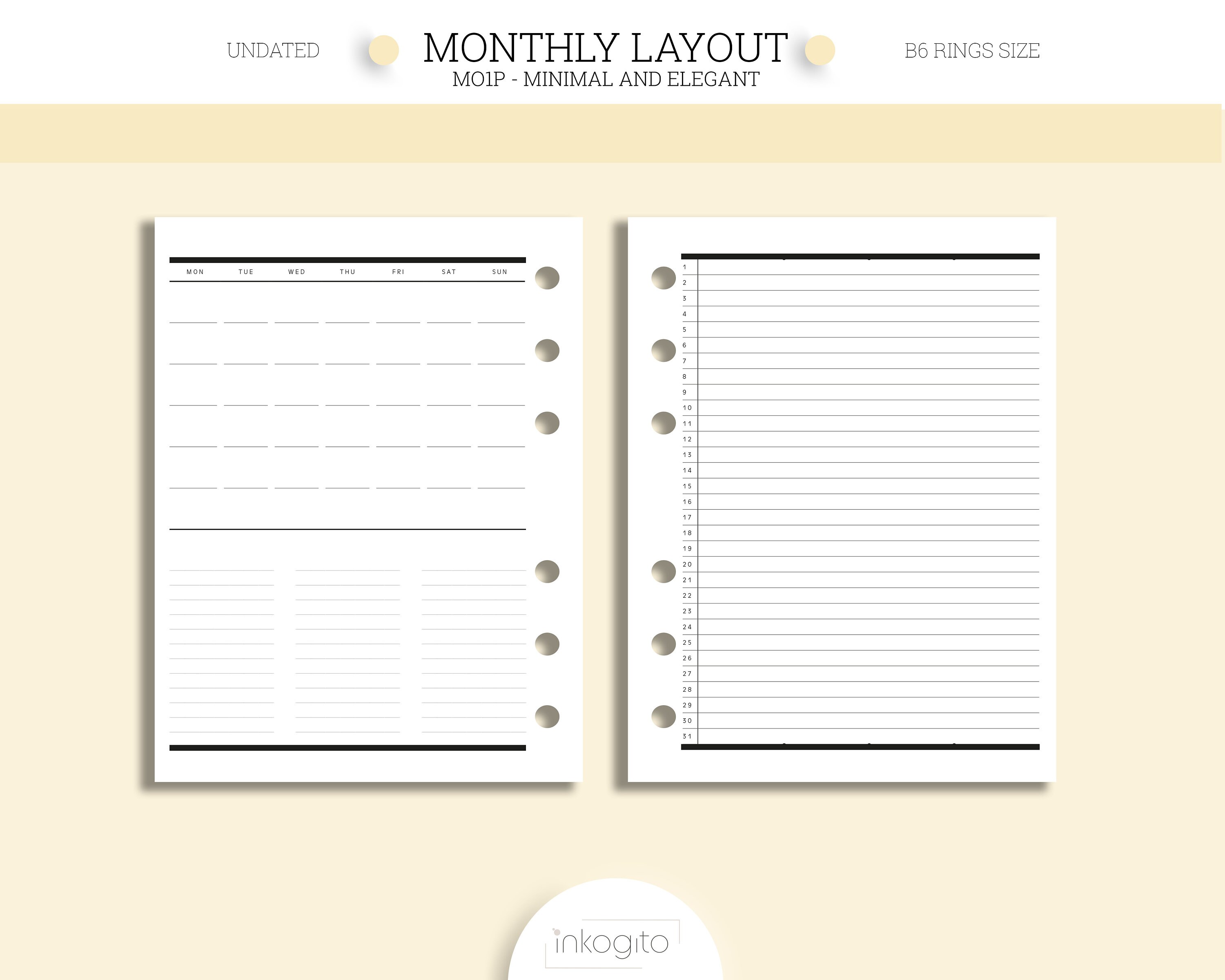 B6 Rings Planner Printable Insert Undated Minimal Monthly - Etsy