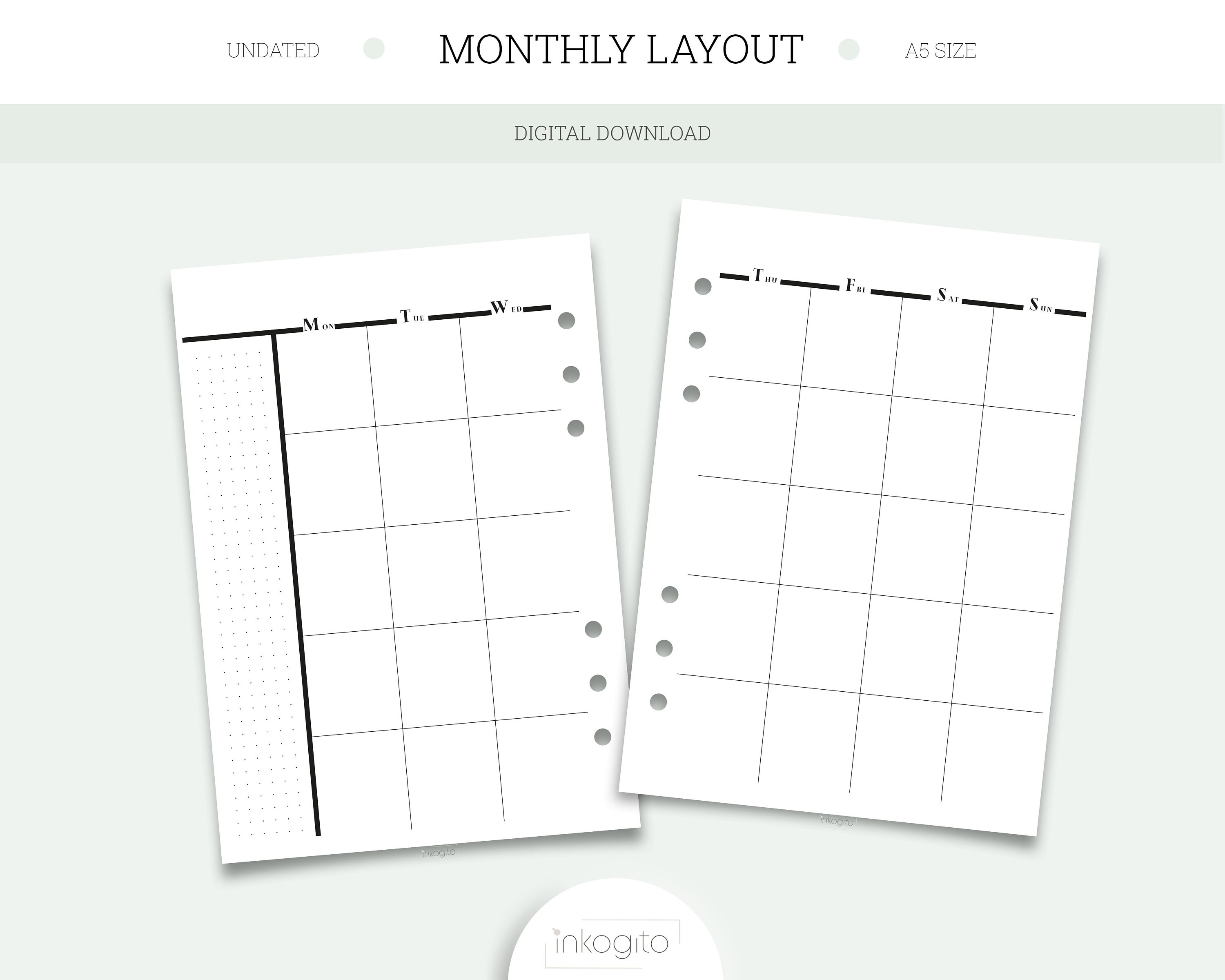 A5 Planner Printable Insert Undated Minimal Monthly Layout With Dot ...