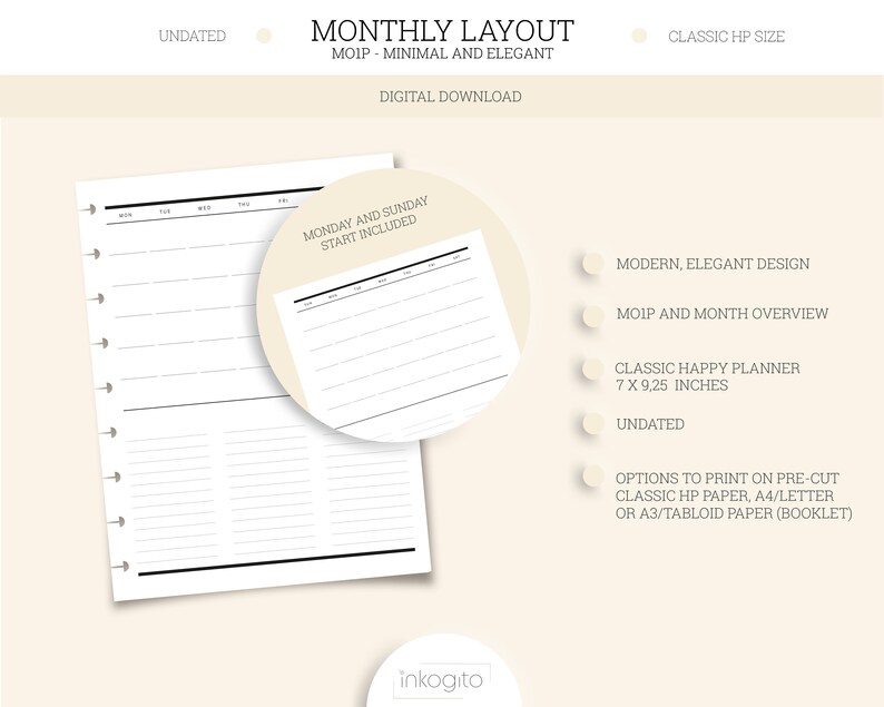 Classic Happy Planner Printable Insert Undated Minimal Monthly Layout ...