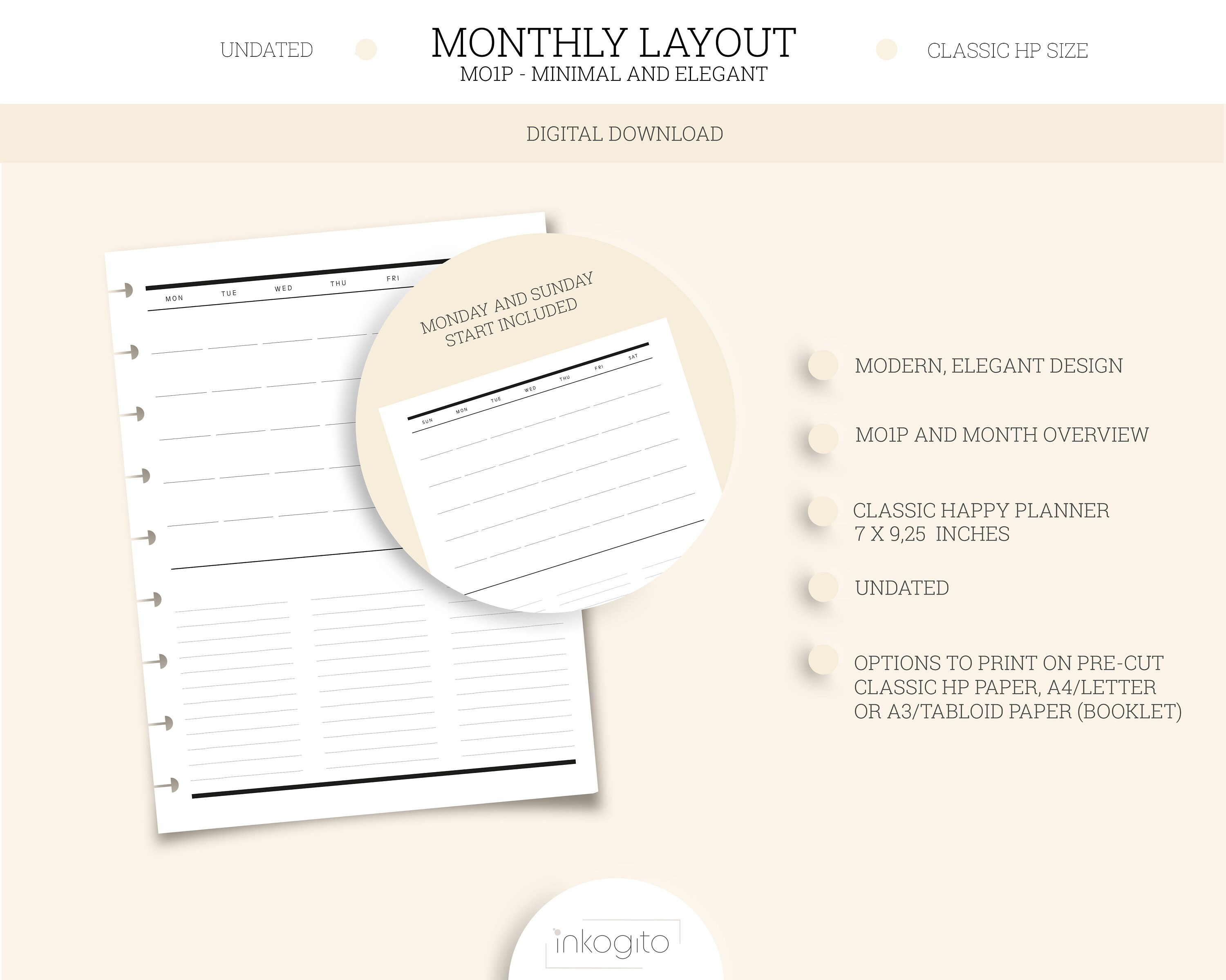 Classic Happy Planner Printable Insert Undated Minimal Monthly Layout ...