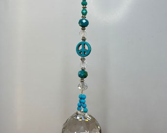 Peace Sign Crystal Sun Catcher: Turquoise Beads, Rainbow Maker