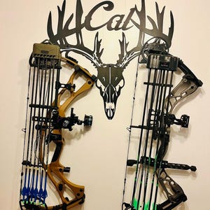 Custom METAL BOW HOLDER, Metal Bow rack, Personalized metal bow holder, Metal Bow hanger, deer skull metal bow holder, monogram bow holder