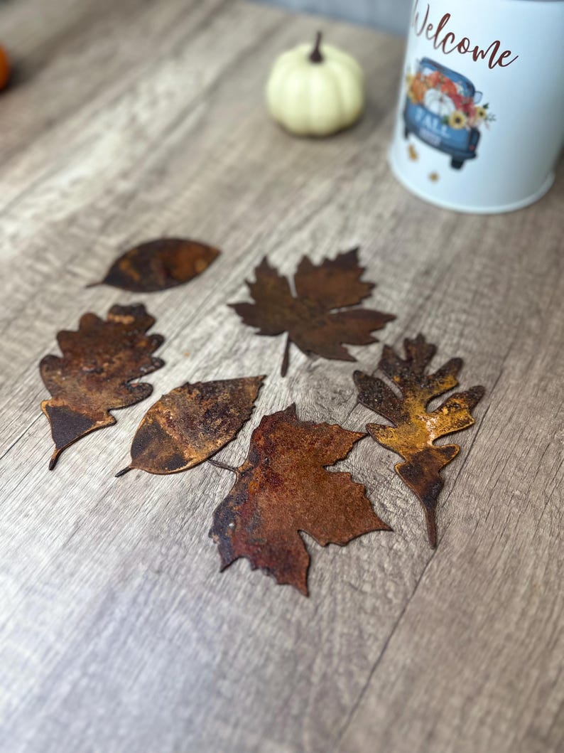May include: Six rusty metal leaf cutouts in various shapes and sizes, including oak leaves, maple leaves, and other autumn foliage. The leaves are arranged on a light brown wooden surface.