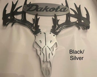 Custom made personalized METAL BOW HOLDER, Personalized bow rack, deer skull bow rack, bow holder for wall, monogram bow holder