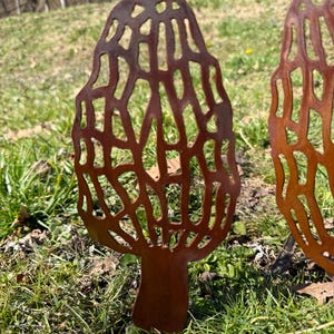 May include: Two rusty metal sculptures of morel mushrooms in a grassy area. The sculptures are detailed and have a realistic appearance.