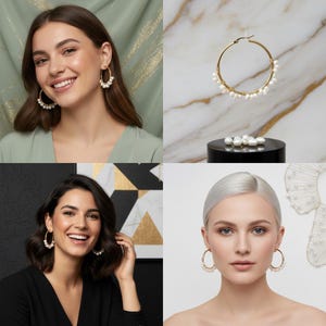 May include: Gold hoop earrings adorned with small, white pearls. The earrings are shown on multiple models and also displayed on a black pedestal. The jewelry is set against various backgrounds, including a marble surface and abstract art.