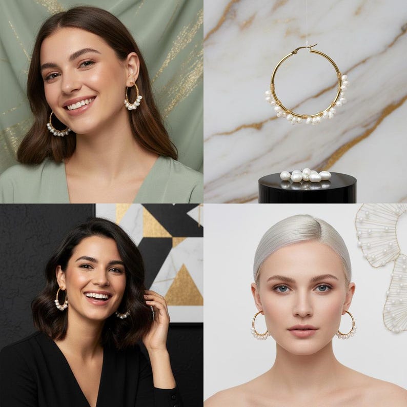May include: Gold hoop earrings adorned with small, white pearls. The earrings are shown on multiple models and also displayed on a black pedestal. The jewelry is set against various backgrounds, including a marble surface and abstract art.