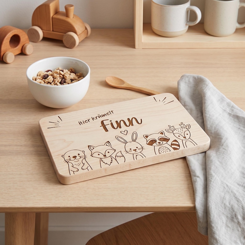 Peut inclure: Une planche &agrave; servir rectangulaire en bois clair avec une gravure au laser repr&eacute;sentant une loutre, un renard, un lapin, un raton laveur et un cerf. Le texte "Hier kr&uuml;melt Finn" est grav&eacute; au-dessus des animaux avec des lignes d&eacute;coratives.
