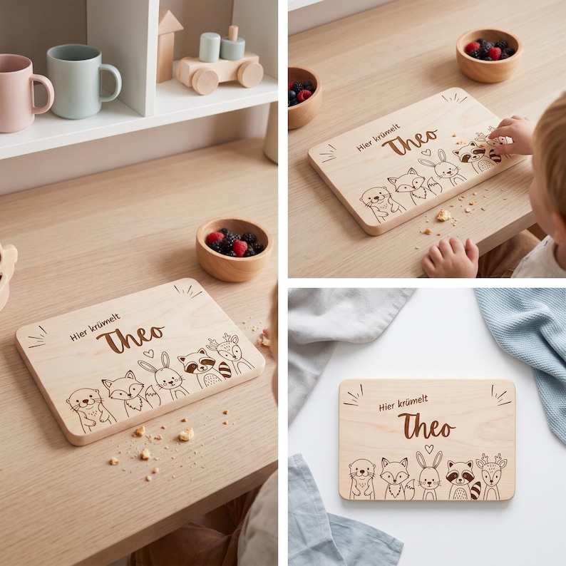 Peut inclure: Une planche &agrave; go&ucirc;ter rectangulaire en bois clair avec une illustration grav&eacute;e au laser de cinq animaux de la for&ecirc;t, un petit c&oelig;ur et le texte "Hier kr&uuml;melt Theo" en &eacute;criture cursive. La planche pr&eacute;sente des coins arrondis et une finition lisse.