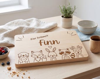 Personalisiertes Kinder Frühstücksbrett mit Namen | Frühstücksbrettchen aus Birchenholz | Tiermotive | Geschenk für Kinder