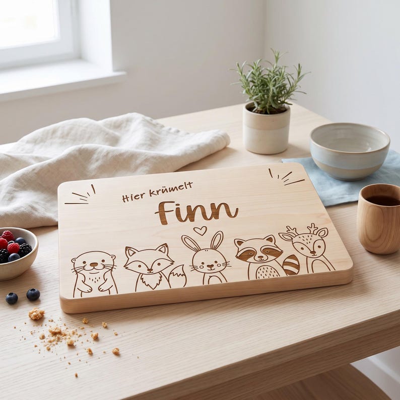 Peut inclure: Une planche &agrave; d&eacute;couper rectangulaire en bois clair avec un motif grav&eacute; au laser repr&eacute;sentant cinq animaux de la for&ecirc;t, un petit c&oelig;ur et le texte "Hier kr&uuml;melt Finn" centr&eacute; en haut, pr&eacute;sentant des bords nets et un grain de bois naturel.
