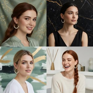 May include: Four images showcasing women wearing gold hoop earrings. Each pair of earrings features a delicate design with small, white embellishments. The women are of different complexions and hairstyles, and are wearing various tops.
