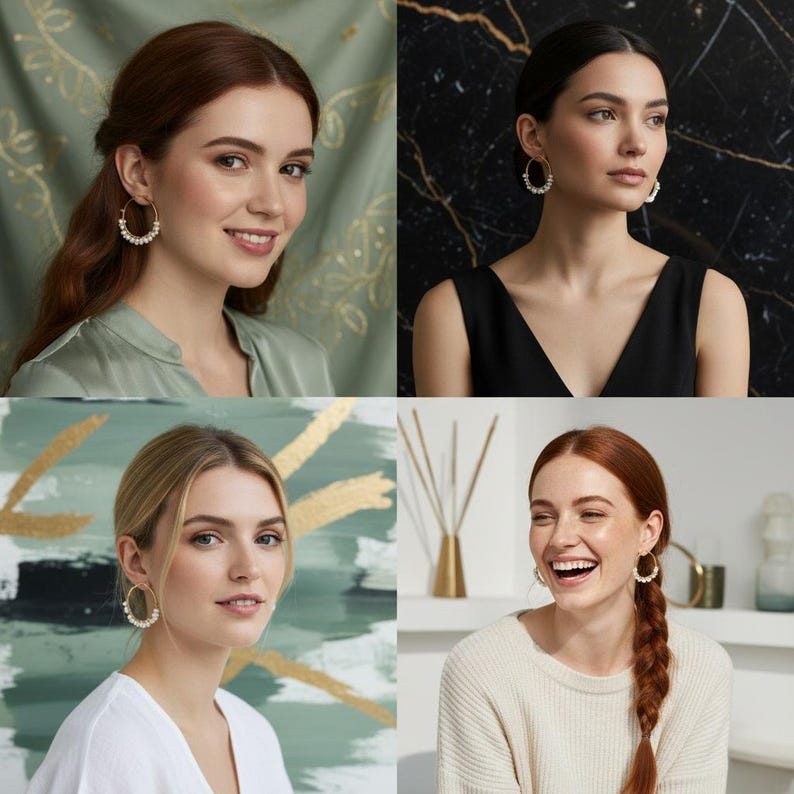 May include: Four images showcasing women wearing gold hoop earrings. Each pair of earrings features a delicate design with small, white embellishments. The women are of different complexions and hairstyles, and are wearing various tops.