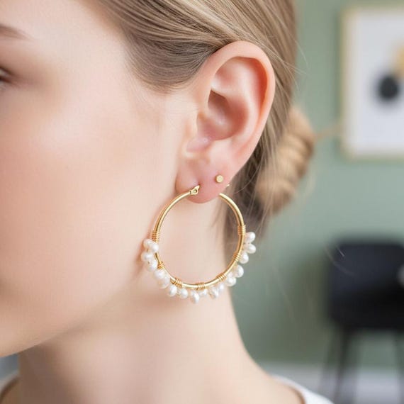 18K Gold-Filled Freshwater Pearl Waterproof Hoop Earrings 'Dalia'