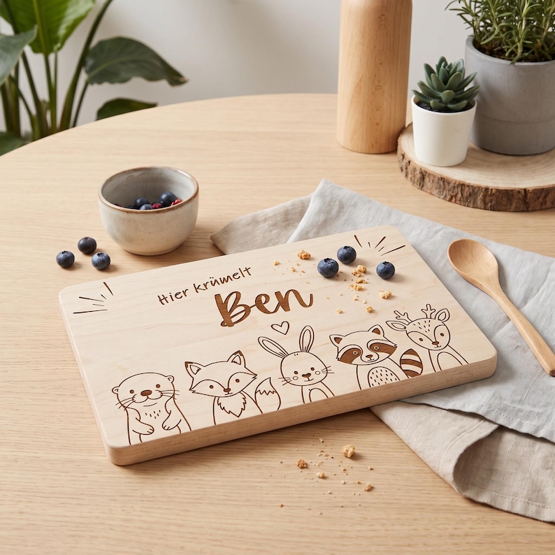 Peut inclure: Une planche &agrave; d&eacute;couper rectangulaire en bois clair avec une gravure laser repr&eacute;sentant une loutre, un renard, un lapin, un raton laveur et un cerf. Le texte "Hier kr&uuml;melt Ben" est grav&eacute; au-dessus, avec des miettes et des myrtilles &eacute;parpill&eacute;es.