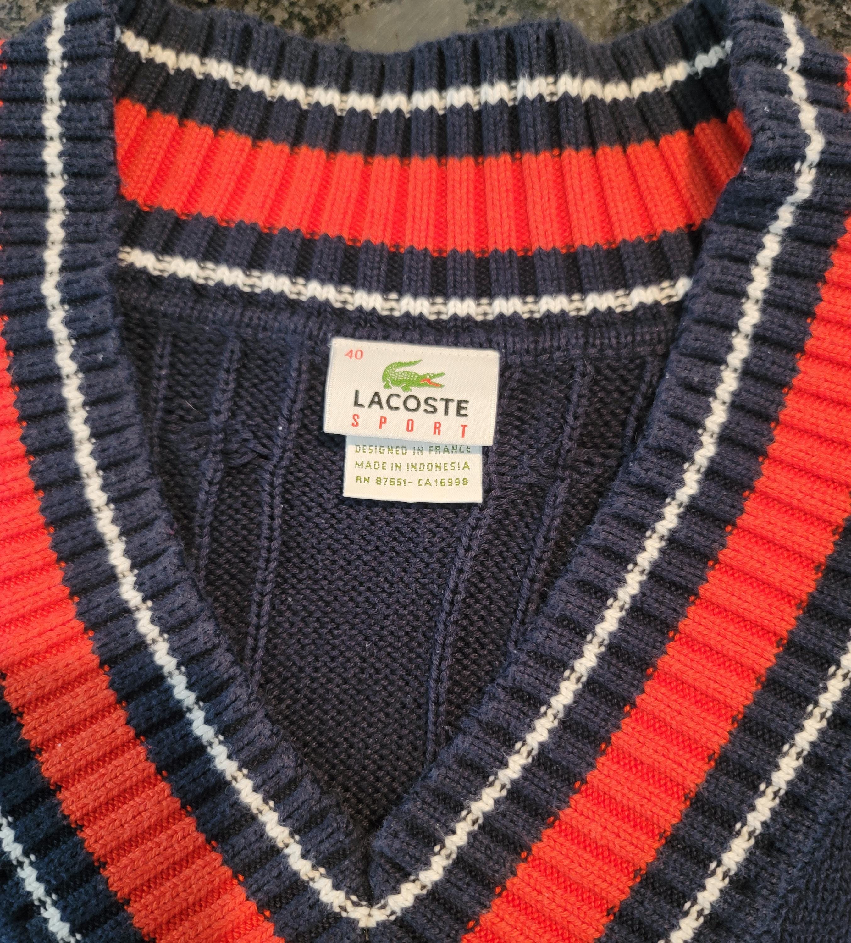 French LACOSTE 1980s／Cable Knit Sweater Vintage 80s Lacoste Tennis Sweater Mens L Green Stripes
